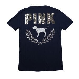 Victoria's Secret PINK T Shirt Womens XS Blue Y2K Sequin Dog Logo Bling Tee